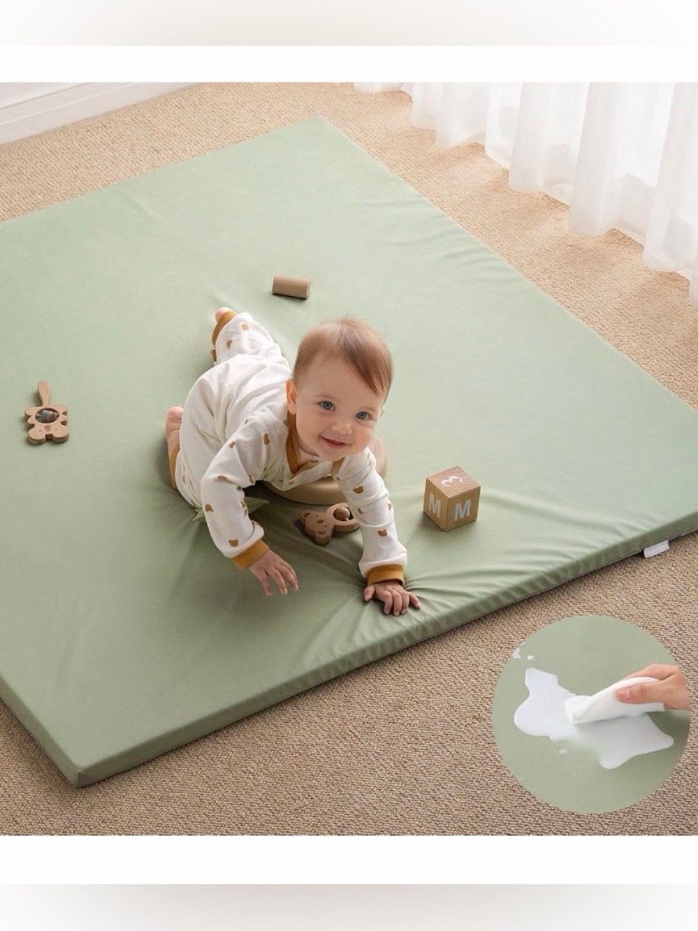 NIB - Blissful Diary Vegan Leather Baby Play Mat, 50''x50'', Light Green